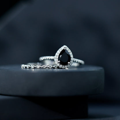 Pear Shaped Black Onyx and Diamond Halo Bridal Ring Set With Certificate
