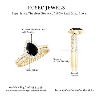 Pear Shaped Black Onyx and Diamond Halo Bridal Ring Set With Certificate