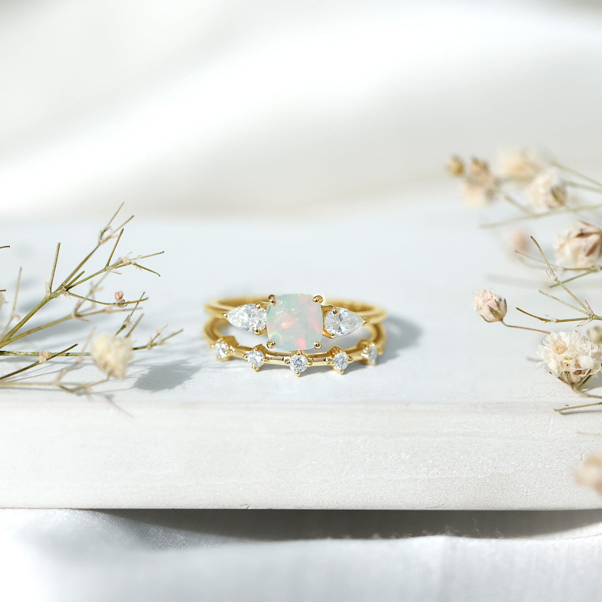 Cushion Cut Real Ethiopian Opal Wedding Ring Set with Diamond