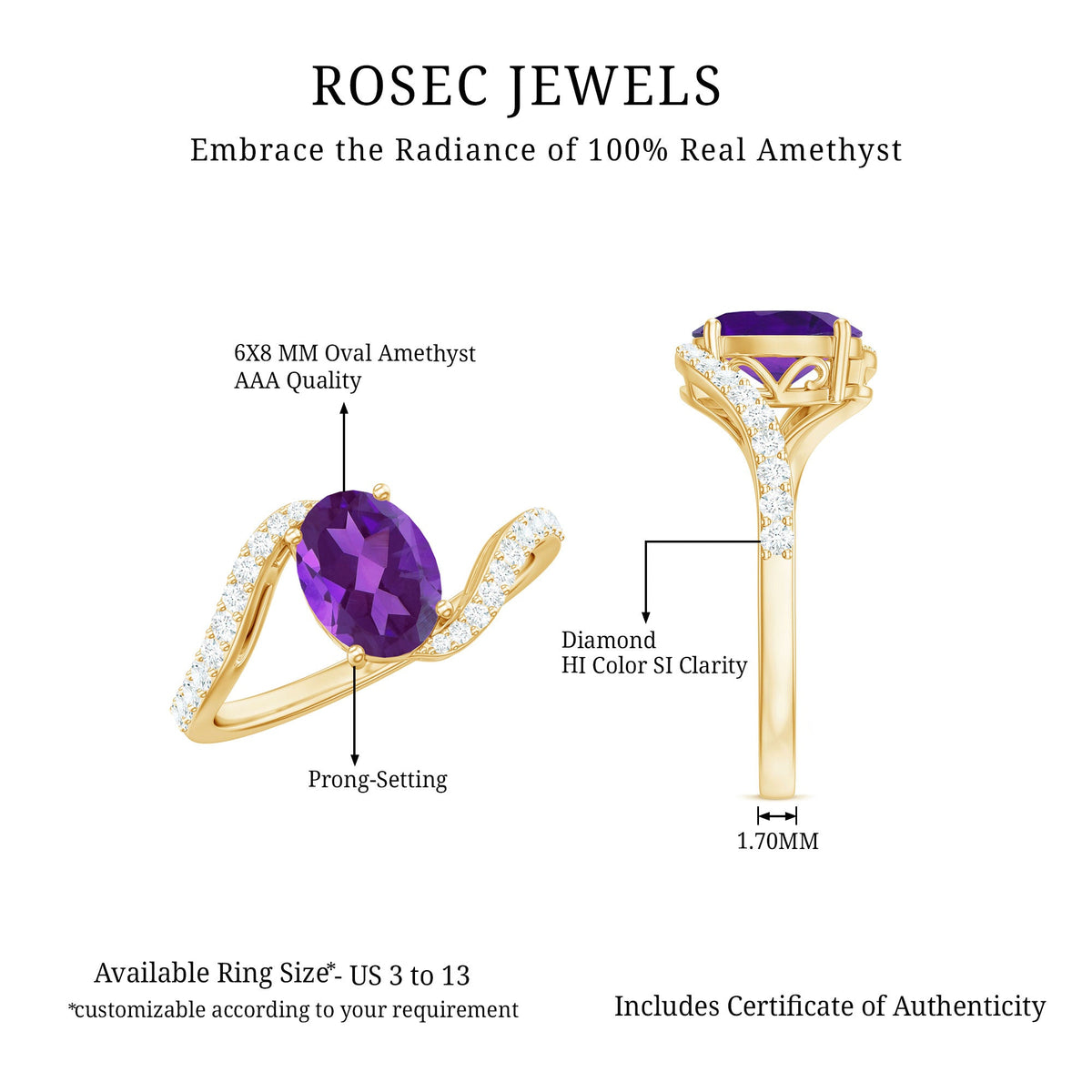 1 Carat Amethyst Oval Engagement Ring with Diamond Bypass Shank