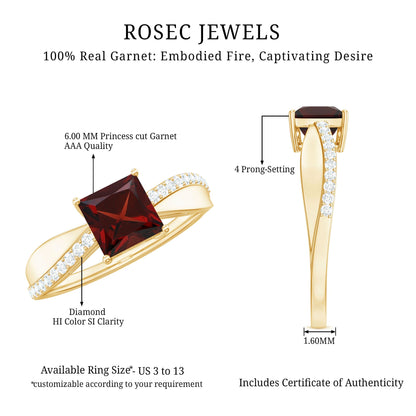 Princess Cut Garnet Solitaire Engagement Ring with Diamond