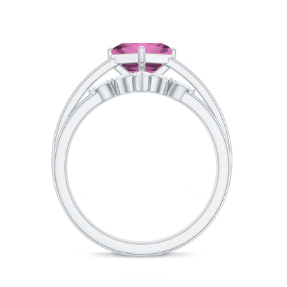 Princess Cut Pink Tourmaline Solitaire Ring Set with Diamond