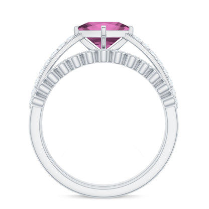 1 Carat Princess Cut Pink Tourmaline Ring with Diamond Wedding Band