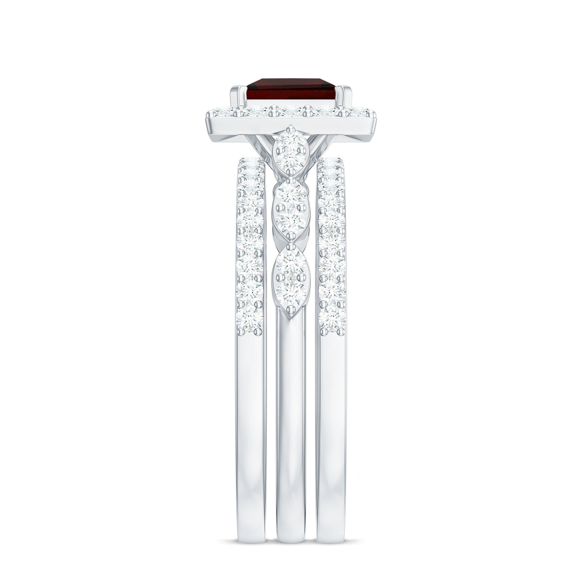 Genuine 1.4 Carat Princess Cut Garnet 3 Piece Bridal Ring Set with Moissanite