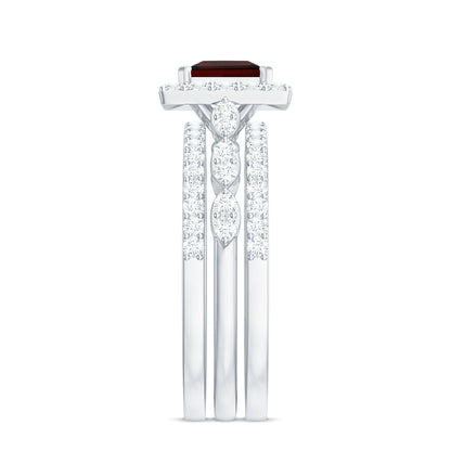 Genuine 1.4 Carat Princess Cut Garnet 3 Piece Bridal Ring Set with Moissanite