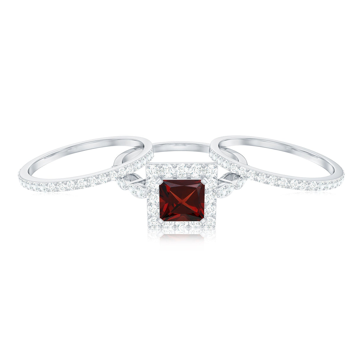 Genuine 1.4 Carat Princess Cut Garnet 3 Piece Bridal Ring Set with Moissanite