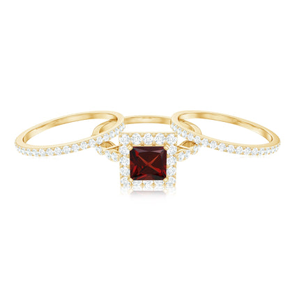 Genuine 1.4 Carat Princess Cut Garnet 3 Piece Bridal Ring Set with Moissanite