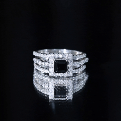 Princess Cut Black Onyx and Moissanite Trio Wedding Ring Set