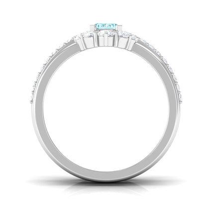 Certified Emerald Cut Real Aquamarine Trio Wedding Ring Set with Diamond