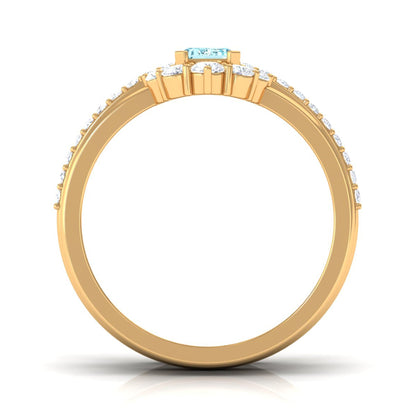 Certified Emerald Cut Real Aquamarine Trio Wedding Ring Set with Diamond