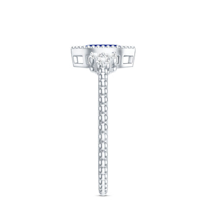 Vintage Style 0.7 Carat Lab Grown Blue Sapphire Marquise Engagement Ring with Diamond Trio