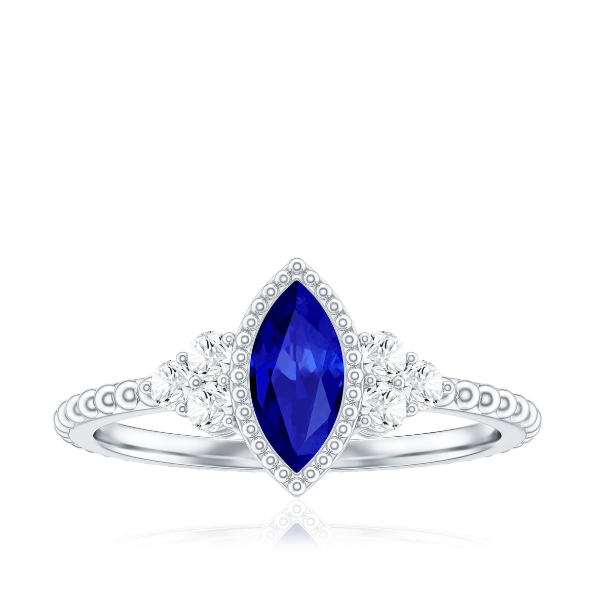 Vintage Style 0.7 Carat Lab Grown Blue Sapphire Marquise Engagement Ring with Diamond Trio