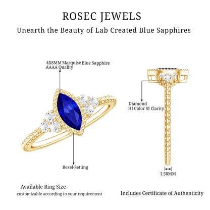Vintage Style 0.7 Carat Lab Grown Blue Sapphire Marquise Engagement Ring with Diamond Trio