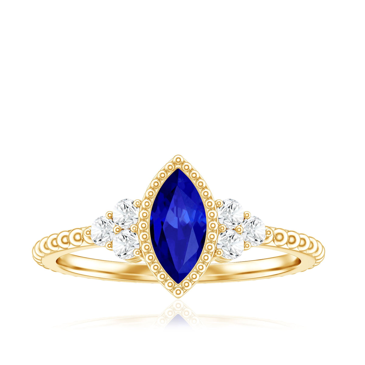 Vintage Style 0.7 Carat Lab Grown Blue Sapphire Marquise Engagement Ring with Diamond Trio