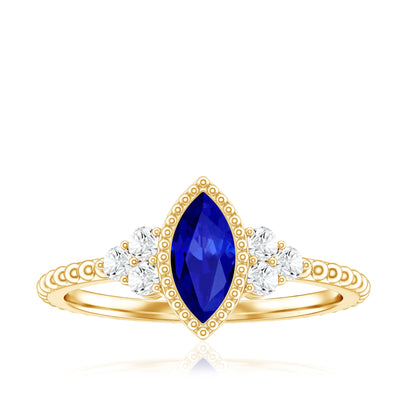 Vintage Style 0.7 Carat Lab Grown Blue Sapphire Marquise Engagement Ring with Diamond Trio