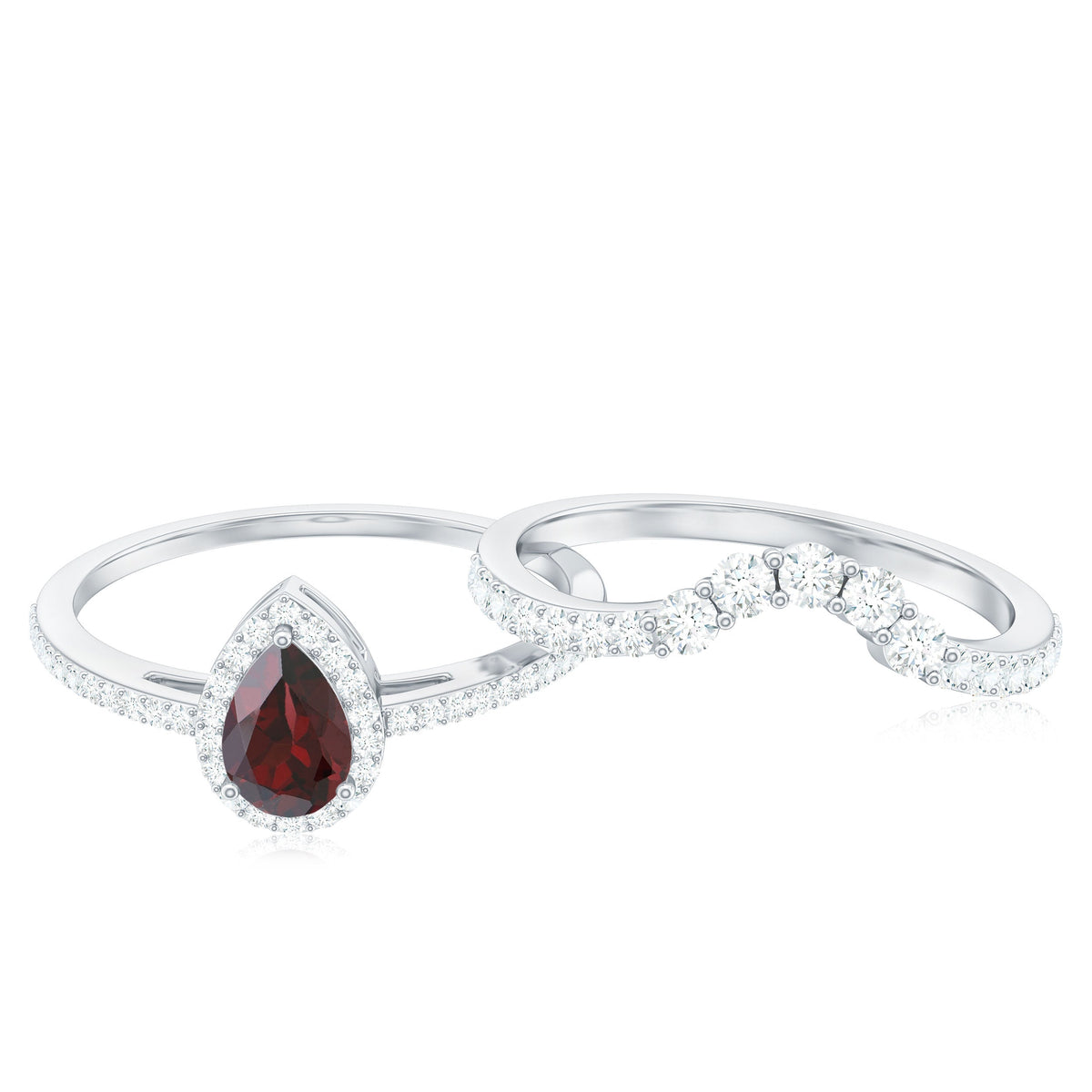 Natural 0.8 Carat Pear Shape Garnet Diamond Wedding Engagement Ring Set