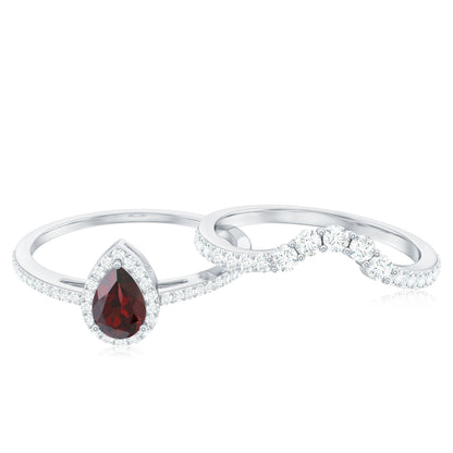 Natural 0.8 Carat Pear Shape Garnet Diamond Wedding Engagement Ring Set