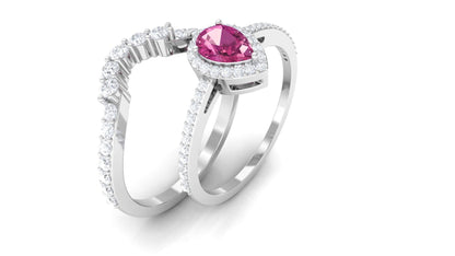 Pink tourmaline Designer Teardrop Ring Set with Moissanite Halo