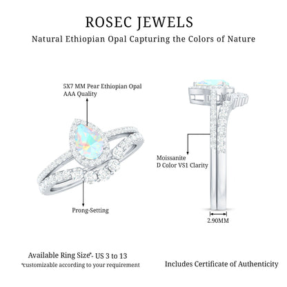 Certified 0.7 Carat Natural Ethiopian Opal Teardrop Wedding Engagement Ring Set of 2