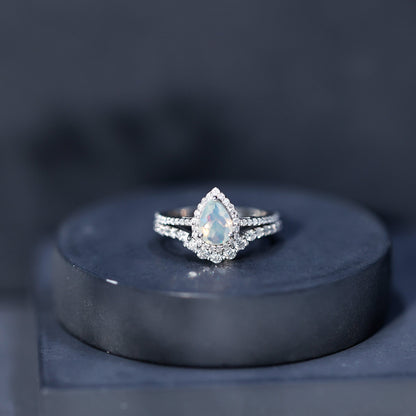 Certified 0.7 Carat Natural Ethiopian Opal Teardrop Wedding Engagement Ring Set of 2