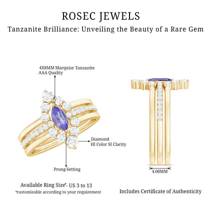 Marquise Cut Tanzanite Solitaire Ring Set with Diamond