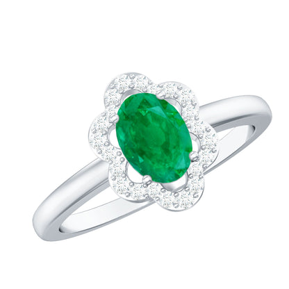 Natural 0.7 Carat Oval Emerald Engagement Ring with Diamond