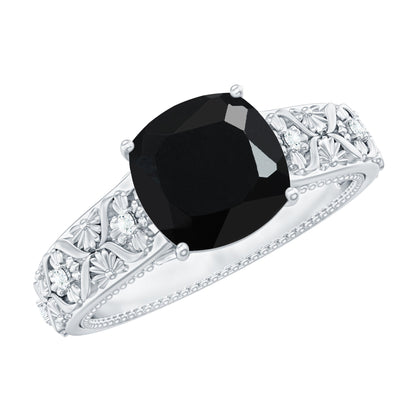 Genuine 2 Carat Black Spinel Vintage Engagement Ring with Diamond