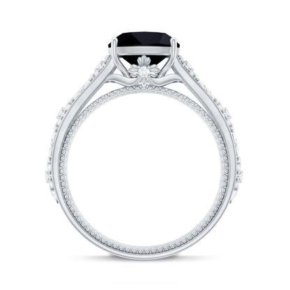 Genuine 2 Carat Black Spinel Vintage Engagement Ring with Diamond