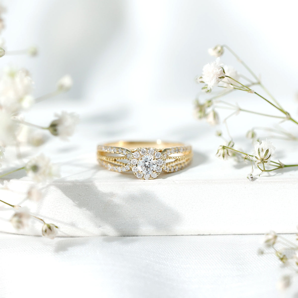 Real Diamond Designer Engagement Ring in Split Shank