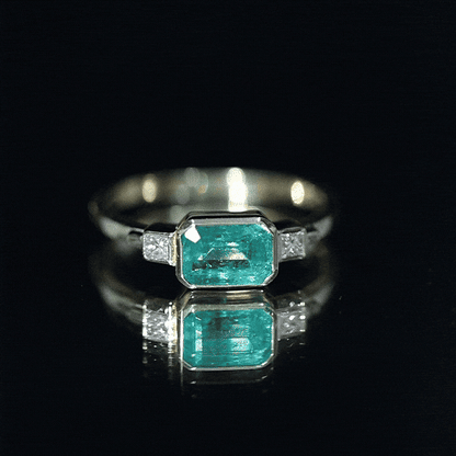 Octagon shape Emerald and Diamond East-West Promise Ring in Bezel Setting