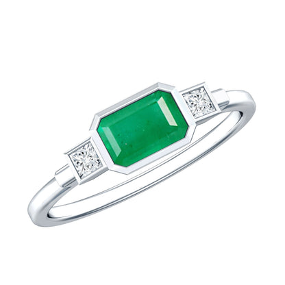 Octagon shape Emerald and Diamond East-West Promise Ring in Bezel Setting