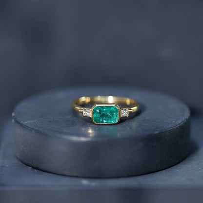 Octagon shape Emerald and Diamond East-West Promise Ring in Bezel Setting