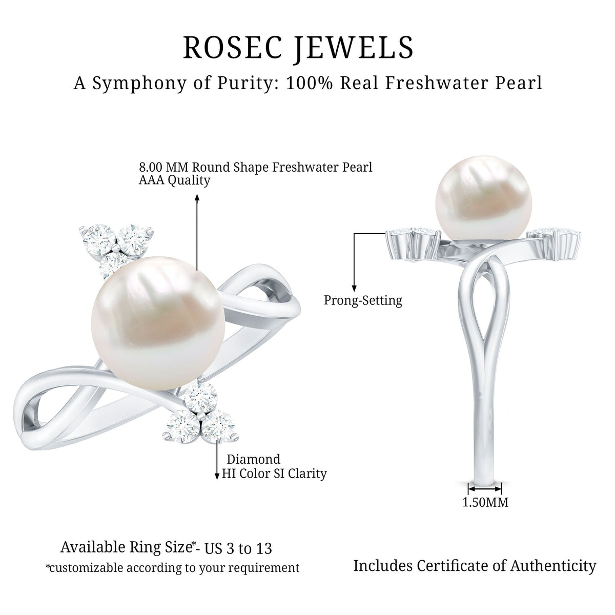 Cultured 7.48 Carat White Pearl Bypass Engagement Ring with Diamond