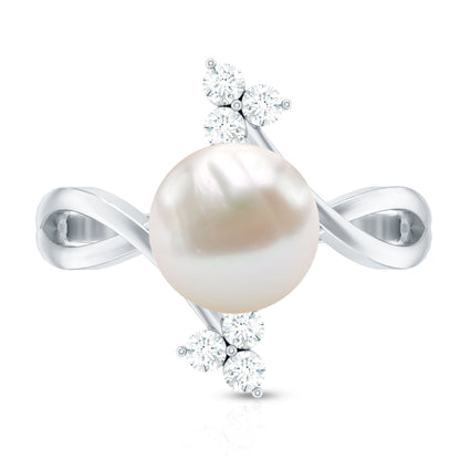 Cultured 7.48 Carat White Pearl Bypass Engagement Ring with Diamond
