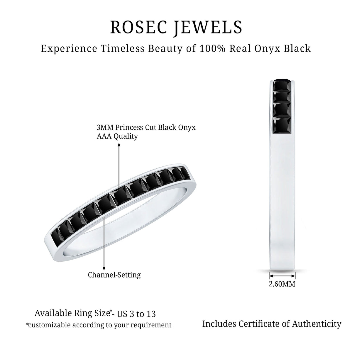 Princess Cut Black Onyx Half Eternity Band in Channel Setting