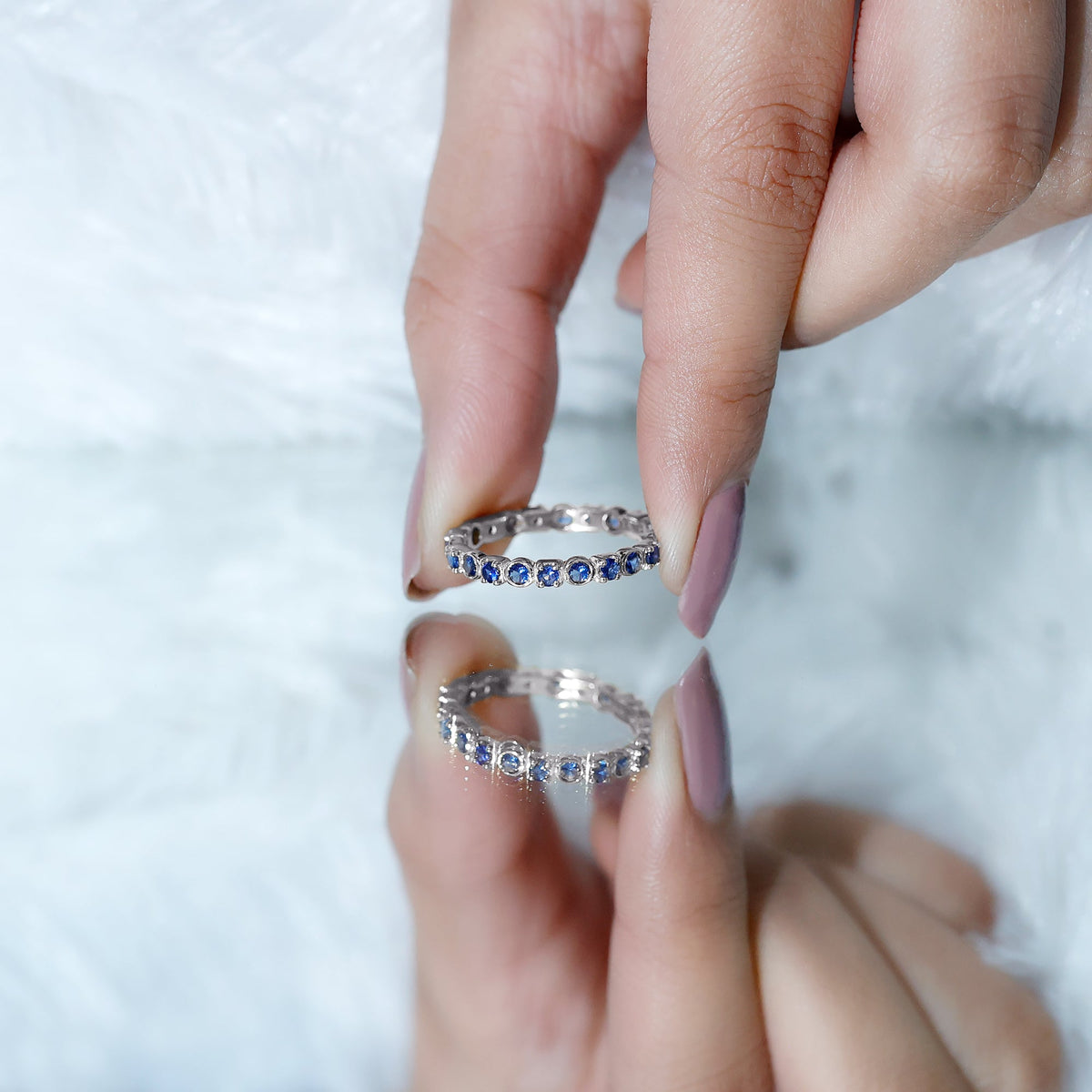 Certified Round Cut Lab Grown Blue Sapphire Eternity Band Ring