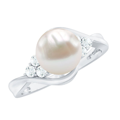Natural 7.4 Carat Freshwater Pearl Engagement Ring with Diamond Trio