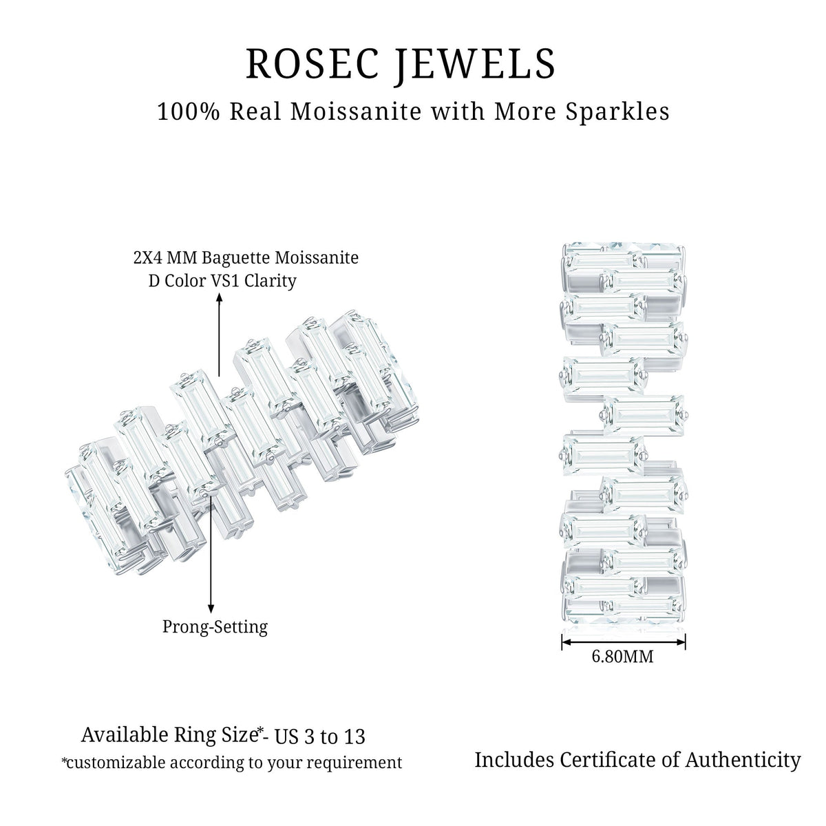 Certified Moissanite Baguette Eternity Band Ring