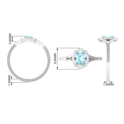 Emerald Cut Aquamarine Engagement Ring with Diamond Floral Halo