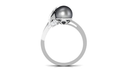 Round Tahitian Pearl and Diamond Leaf Engagement Ring