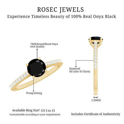 Round Black Onyx Engagement Ring with Diamond Side Stones