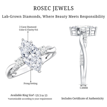 2 Carat Marquise Cut Lab Grown Diamond Crossover Engagement Ring with IGI Certificate