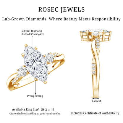 2 Carat Marquise Cut Lab Grown Diamond Crossover Engagement Ring with IGI Certificate