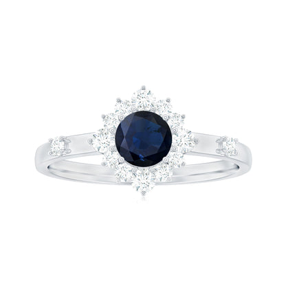 Natural 0.9 Carat Blue Sapphire Engagement Ring with Diamond Halo