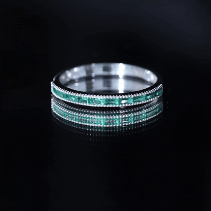 Baguette Cut Lab Grown Emerald Eternity Ring with Beaded Detailing