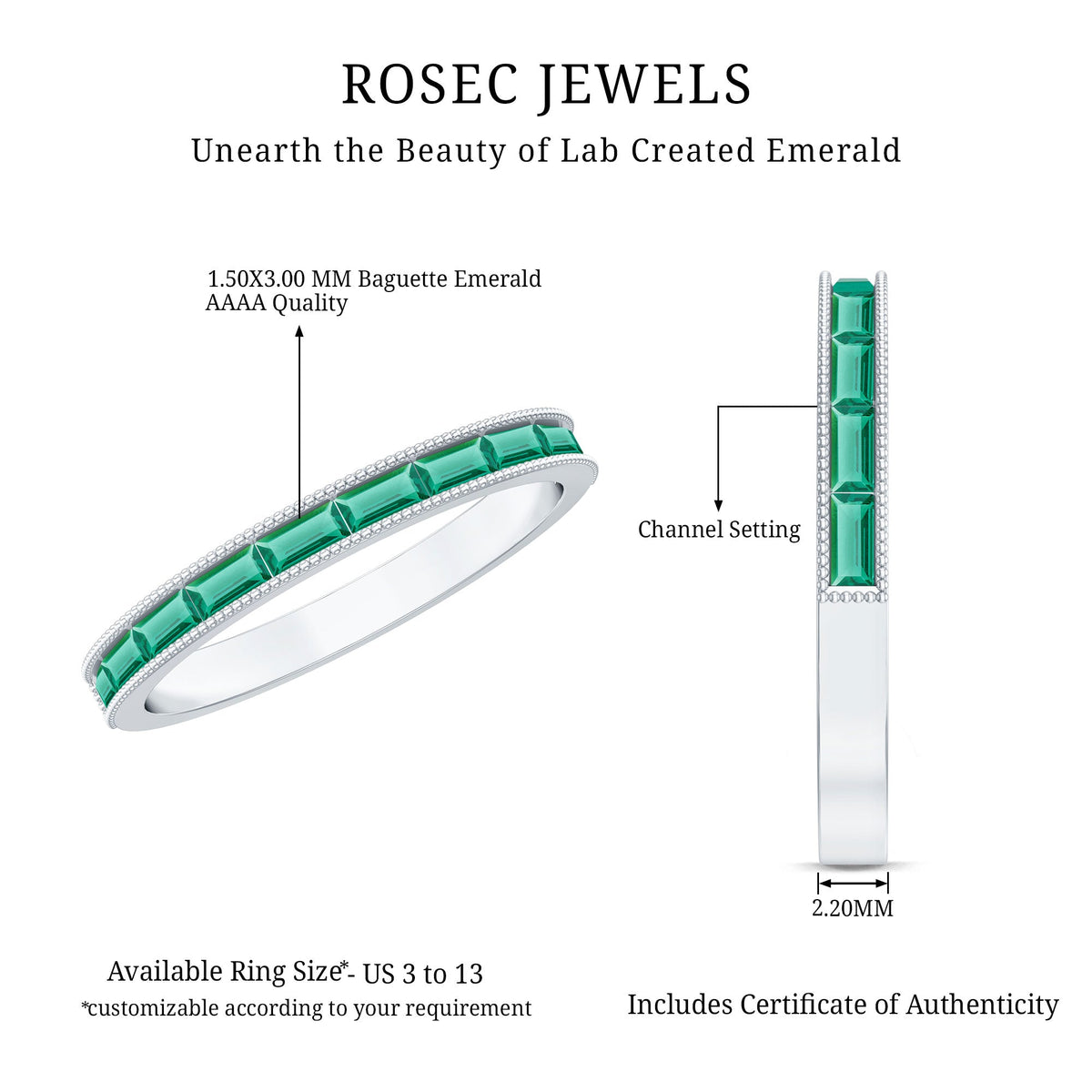 Baguette Cut Lab Grown Emerald Eternity Ring with Beaded Detailing