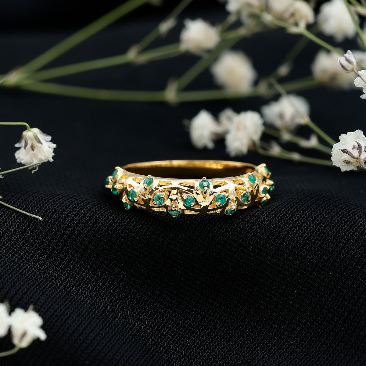 Natural Emerald Filigree Wedding Band for Women
