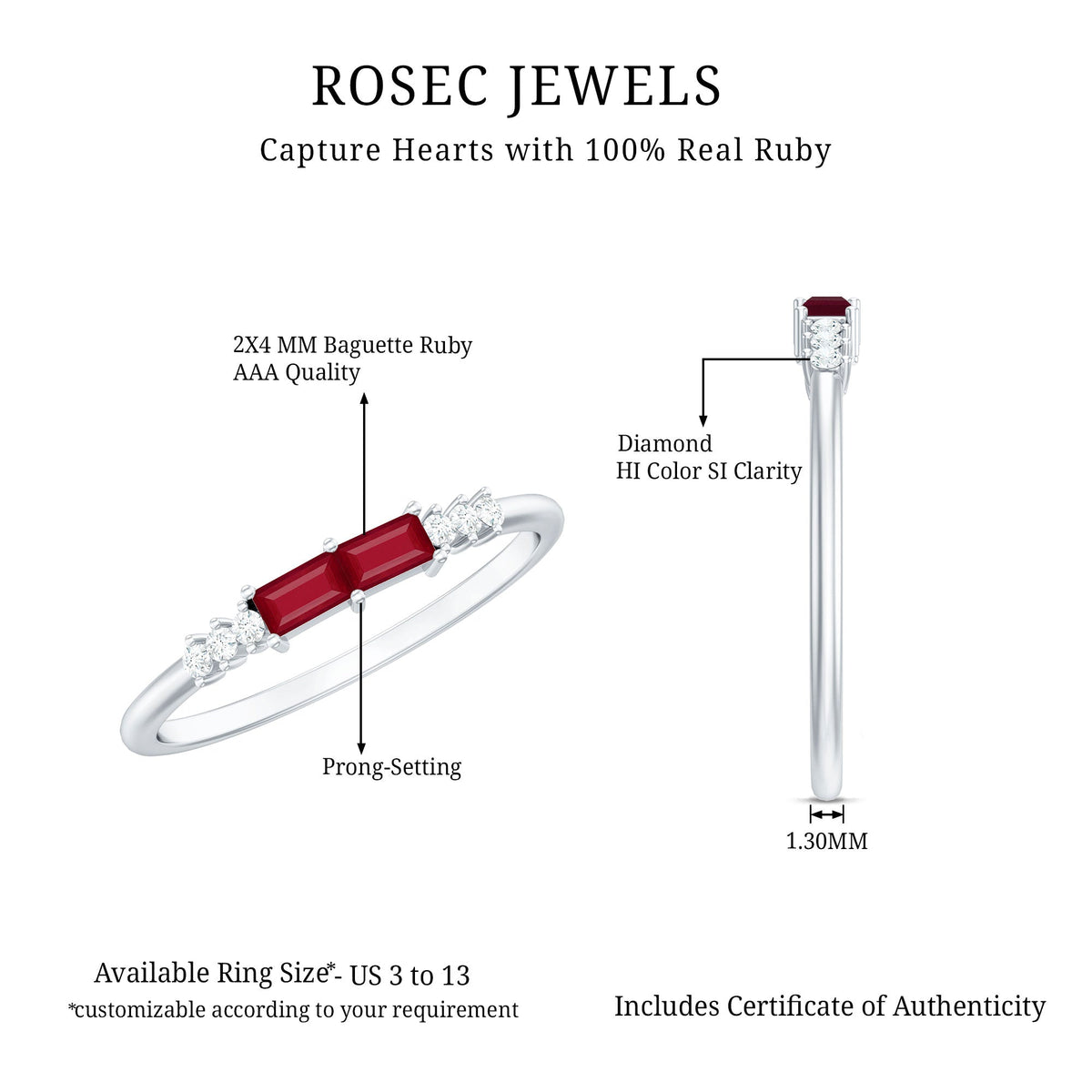 Natural Baguette Ruby 2 Stone Promise Ring with Diamond