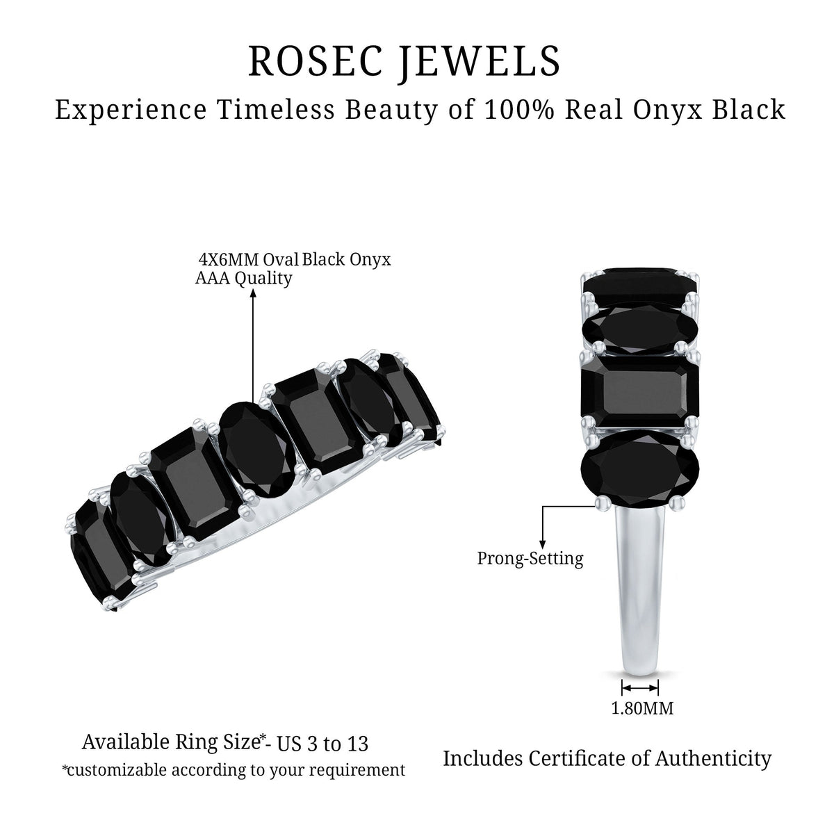 Oval and Emerald Cut Black Onyx Half Eternity Wedding Band