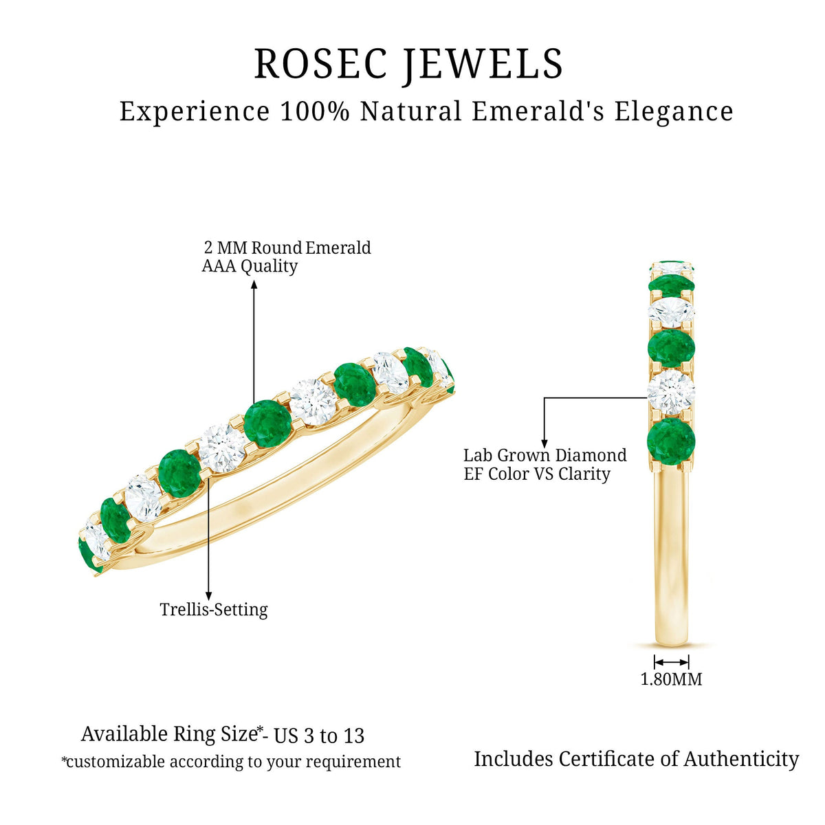 Trellis Set Round Emerald and Diamond Half Eternity Ring